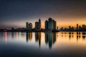 a cidade Horizonte é refletido dentro a água às pôr do sol. gerado por IA foto