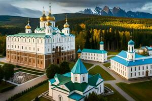 a russo mosteiro dentro a montanhas. gerado por IA foto