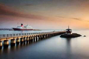 uma cruzeiro navio ancorado às a cais às pôr do sol. gerado por IA foto