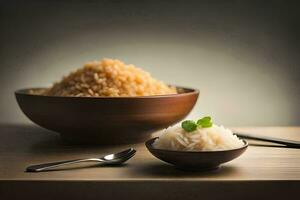 uma tigela do arroz e uma colher em uma mesa. gerado por IA foto