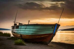 uma barco senta em a costa às pôr do sol. gerado por IA foto