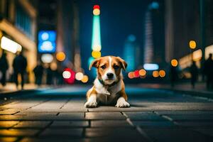 uma cachorro sentado em a rua às noite. gerado por IA foto