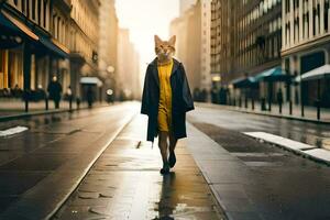 uma mulher dentro uma amarelo vestir e casaco caminhando baixa uma cidade rua. gerado por IA foto