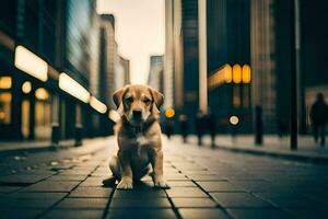 uma cachorro sentado em a rua dentro uma cidade. gerado por IA foto