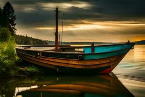 uma barco senta em a costa do uma lago às pôr do sol. gerado por IA foto