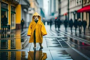 uma cachorro vestindo uma capa de chuva em uma chuvoso dia. gerado por IA foto