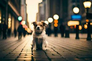 uma cachorro sentado em a rua dentro uma cidade. gerado por IA foto