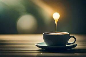 uma copo do café com uma luz brilhando em isto. gerado por IA foto