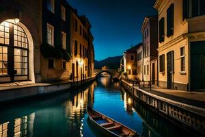 uma barco é sentado em uma canal às noite. gerado por IA foto