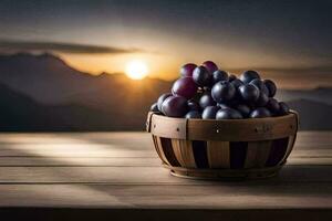 uvas dentro uma cesta em uma de madeira mesa. gerado por IA foto