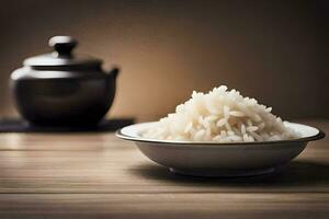 uma tigela do arroz é colocada em uma mesa Próximo para uma bule. gerado por IA foto