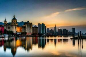 a cidade Horizonte é refletido dentro a água às pôr do sol. gerado por IA foto