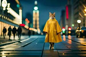 uma gato dentro uma capa de chuva caminhando baixa uma cidade rua. gerado por IA foto