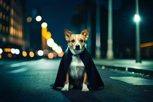 uma cachorro vestido dentro uma capa sentado em a rua às noite. gerado por IA foto