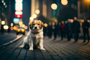 uma cachorro sentado em a calçada às noite. gerado por IA foto