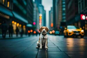 uma cachorro sentado em a rua dentro uma cidade. gerado por IA foto