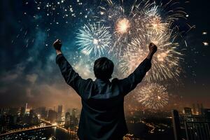 silhueta do uma homem e fogos de artifício dentro a cidade. generativo ai. foto