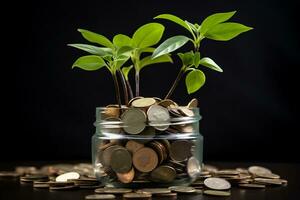 ai generativo. investimento conceito, moedas pilha com árvore crescendo em principal, o negócio crescimento foto