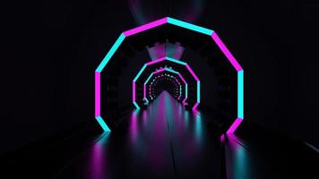 Renderização em 3D do túnel de néon escuro luminoso azul rosa abstrato luz led foto