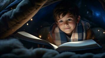 criança lendo uma livro debaixo uma improvisado barraca do cobertores, uma lanterna iluminador a Páginas. generativo ai foto
