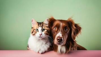 cachorro e gato junto, fofa animais de estimação, isolado bandeira com cópia de espaço. generativo ai foto