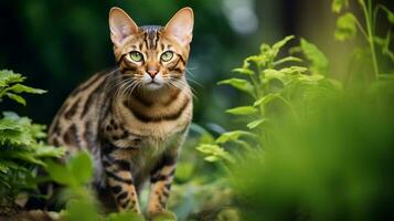 Bengala gato, Está visto pele reminiscente do uma selvagem leopardo, carrinhos alerta dentro uma exuberante jardim. generativo ai foto