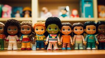 uma brinquedo loja apresentando bonecas do vários etnias, promovendo inclusividade e representação para crianças. generativo ai foto