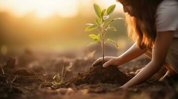 menina plantio uma árvore, dela mãos profundo dentro a solo, uma gesto do amor para natureza. generativo ai foto