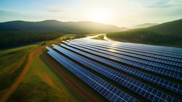 renovável energia usando solar energia com solar células pôr do sol dentro fundo a montanhas ai generativo foto