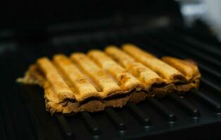 apetitoso grelhado sanduíche panini torrada em sanduíche criador. velozes Comida. fechar-se. seletivo foco. foto