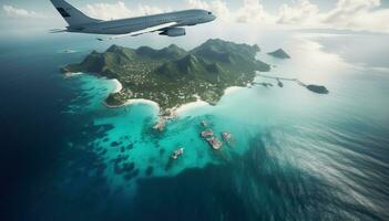 forro turista avião moscas debaixo tropical exótico ilha dentro azul mar, oceano. ai gerado. foto