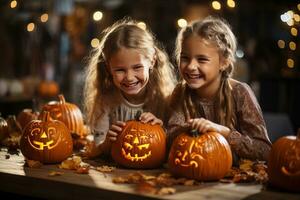 feliz sorridente crianças esculpir tradicional abóbora jack-o-lanterna. ai gerado. foto