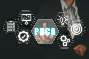 PDCA plano Faz Aja Verifica o negócio tecnologia conceito, empresária mão tocante plano Faz Aja Verifica ícone em virtual tela. foto