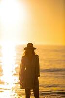 jovem mulher bonita no chapéu de palha na praia ao pôr do sol foto