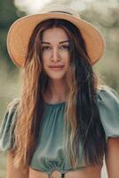 retrato do lindo jovem mulher dentro a floresta dentro a raios do a Sol Veja às Câmera foto