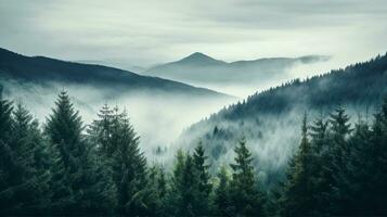 verde floresta e montanha dentro névoa, Sombrio enevoado panorama. generativo ai foto