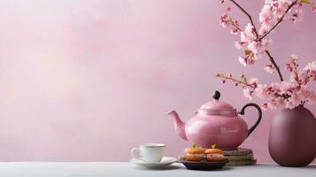 bandeira apresenta uma festivo chá contexto, a ornamentado bule de chá, copos, pastelaria, conjunto contra uma pano de fundo do florescendo cereja flores. generativo ai foto