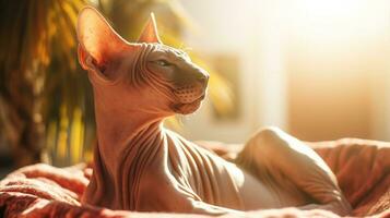 uma Calvo sphynx gato desfrutando uma caloroso banho de sol, Está texturizado pele absorvente a dourado raios. generativo ai foto