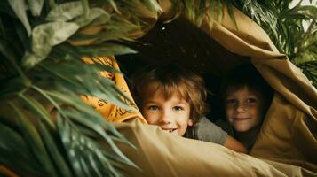 crianças construção uma forte a partir de almofadas e cobertores, seus segredo esconderijo dentro uma vivo quarto selva. generativo ai foto