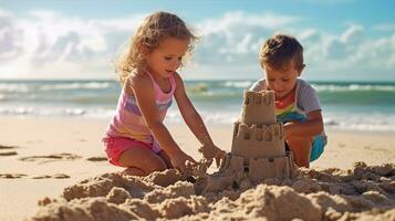 crianças construção castelos de areia em a praia, a vazante e fluxo do ondas próximo. generativo ai foto