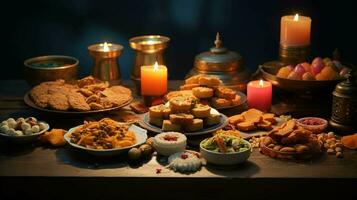 delicioso diwali delícias. a matriz do festivo alimentos e lanches para comemoro a feliz ocasião foto