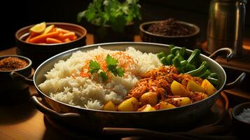 delicioso arroz com carne em uma prato em a mesa foto