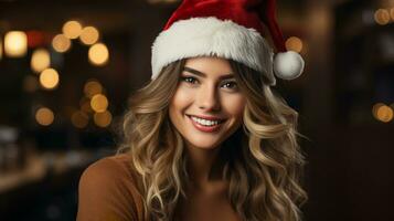 jovem lindo mulher dentro festivo santa claus chapéu para Novo ano e Natal foto