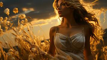 lindo mulher corre através uma campo com trigo em uma ensolarado dia dentro verão foto