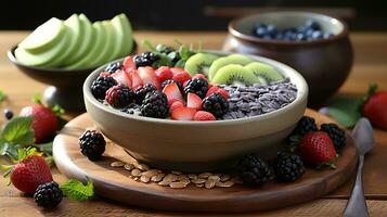 batido, granola, sementes, fresco frutas dentro uma tigela. saudável café da manhã foto