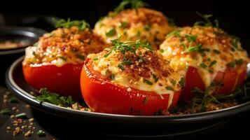 ai generativo. tomates recheado com pimento queijo, salsinha e ervas foto