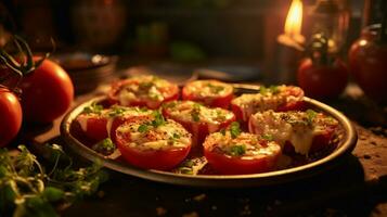 tomates recheado com mozzarella queijo e manjericão em uma Preto fundo. ai generativo foto