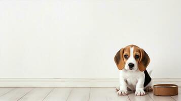 beagle cachorro e tigela, fundo com cópia de espaço. generativo ai foto