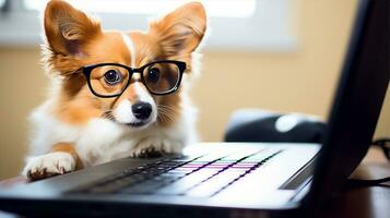 corgi, engraçado cachorro e computador portátil, fofa animal com óculos. generativo ai foto