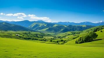 verde campo e azul céu, montanha colina, verão cenário fundo. generativo ai foto